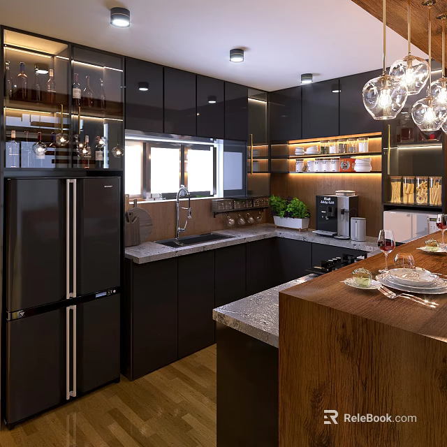 Modern Kitchen Interior With Dark Cabinets Marble Countertops Island And Chandeliers 3d model 