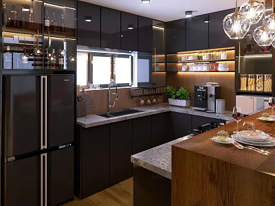 Modern Kitchen Interior With Dark Cabinets Marble Countertops Island And Chandeliers 3d model