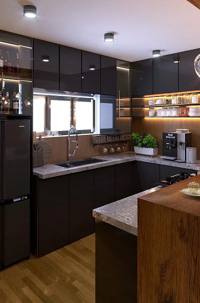 Modern Kitchen Interior With Dark Cabinets Marble Countertops Island And Chandeliers 3d model