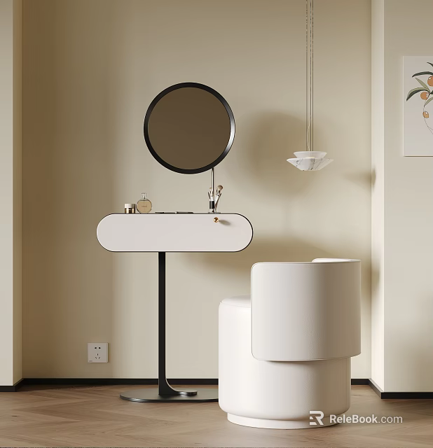 Modern Dressing Table With Circular Mirror White Chair And Pendant Light On Beige Wall 3d model 