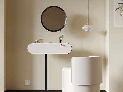 Modern Dressing Table With Circular Mirror White Chair And Pendant Light On Beige Wall 3d model