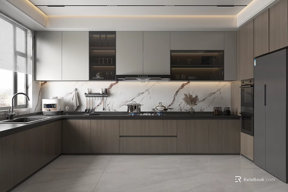 Modern Kitchen Interior Design With Wooden Cabinets Marble Countertop Range Hood And Appliances 3d model 