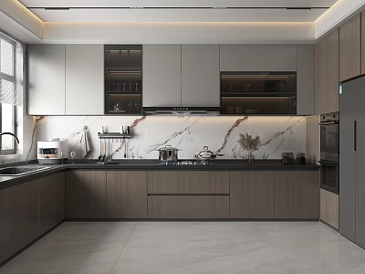 Modern Kitchen Interior Design With Wooden Cabinets Marble Countertop Range Hood And Appliances 3d model
