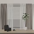 Sheer and Thick Curtains with Window Blinds in Interior Wooden Floor Green Plant Mountain View
