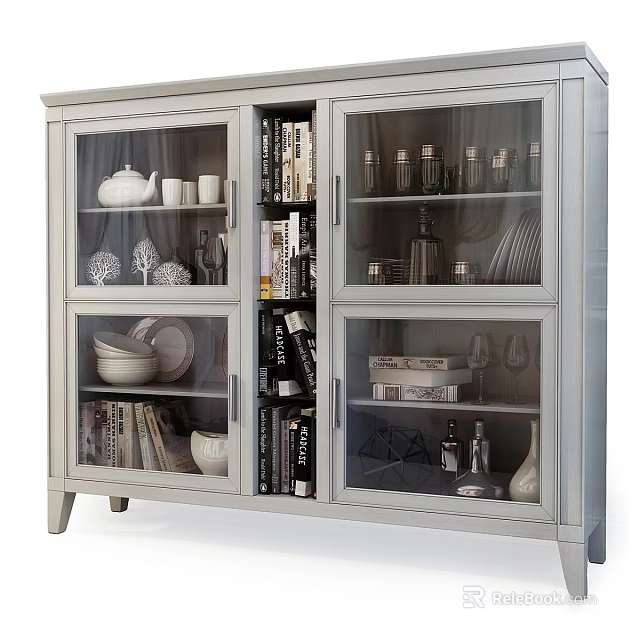 Modern Gray Display Cabinet with Glass Doors and Shelves Holding Books Decorative Items Plates and Wine Glasses 3d model 