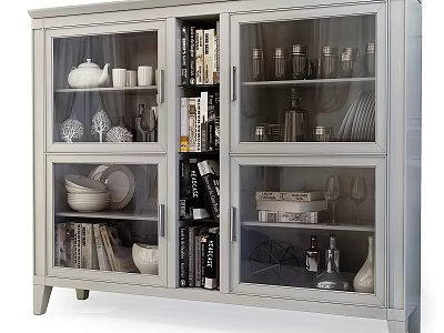 Modern Gray Display Cabinet with Glass Doors and Shelves Holding Books Decorative Items Plates and Wine Glasses 3d model