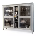 Modern Gray Display Cabinet with Glass Doors and Shelves Holding Books Decorative Items Plates and Wine Glasses