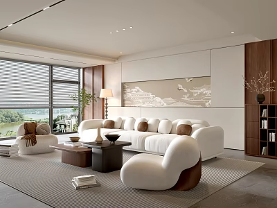 Modern Living Room With White Sofa Pillows Large Windows Green Landscape And Wooden Accents 3d model