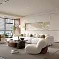Modern Living Room With White Sofa Pillows Large Windows Green Landscape And Wooden Accents