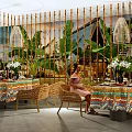 Tropical Restaurant Interior With Bamboo Screens Green Plants Rattan Furniture And Colorful Tablecloths