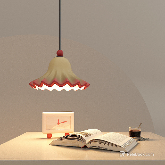 Beige Red Wavy Edge Pendant Light Over Table With Open Book Alarm Clock Coffee Cup 3d model 