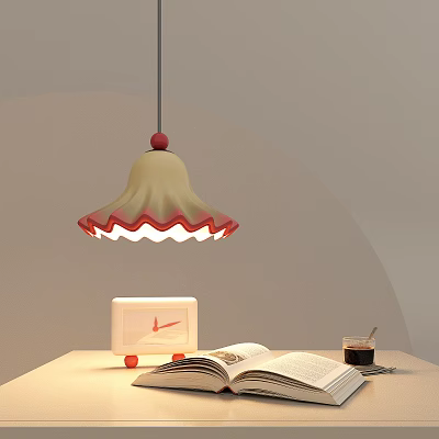 Beige Red Wavy Edge Pendant Light Over Table With Open Book Alarm Clock Coffee Cup 3d model