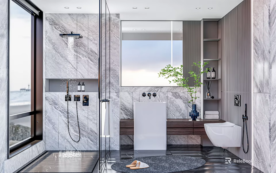 Modern Bathroom Interior Design With Marble Walls Glass Shower Free Standing Tub And Green Plant 3d model 