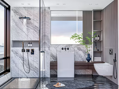 Modern Bathroom Interior Design With Marble Walls Glass Shower Free Standing Tub And Green Plant 3d model