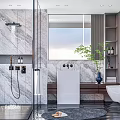 Modern Bathroom Interior Design With Marble Walls Glass Shower Free Standing Tub And Green Plant