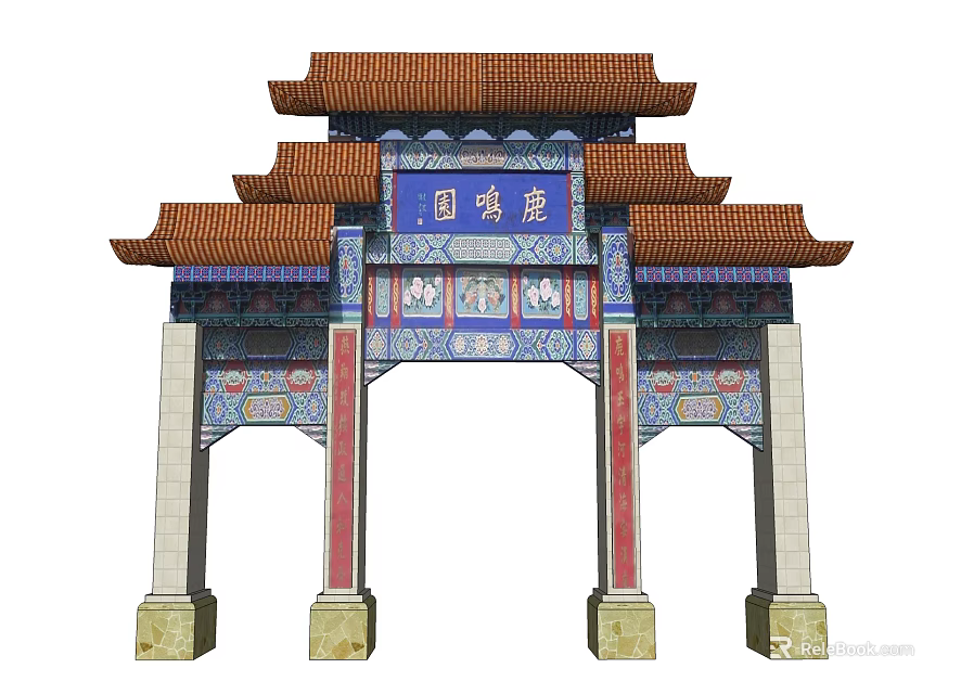 Traditional Chinese Ancient Paifang Archway With Ornate Colorful Carvings And Multi tiered Roof 3d model 