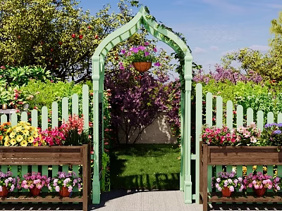 Courtyard Garden with Green Arched Gate White Picket Fence Colorful Flower Boxes and Hanging Flowers 3d model