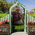 Courtyard Garden with Green Arched Gate White Picket Fence Colorful Flower Boxes and Hanging Flowers