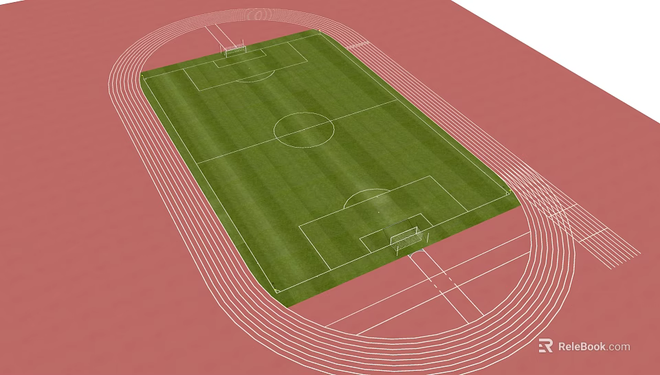 Football Pitch With Green Grass White Lines And Red Track Surface 3d model 