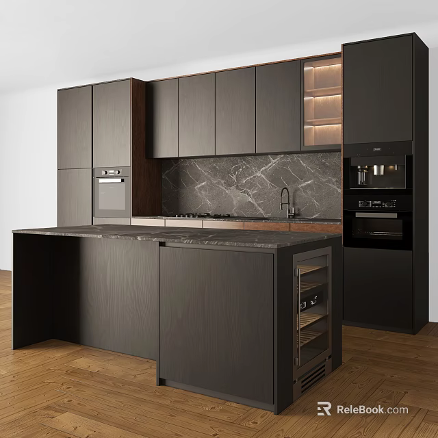Modern Dark Kitchen Interior With Marble Backsplash Island Counter And Cabinets 3d model