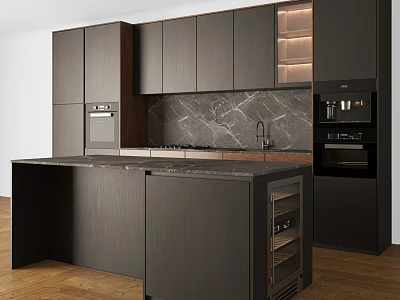 Modern Dark Kitchen Interior With Marble Backsplash Island Counter And Cabinets 3d model