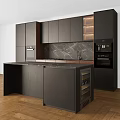 Modern Dark Kitchen Interior With Marble Backsplash Island Counter And Cabinets 3d model