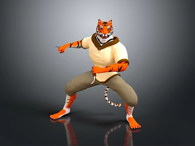 Tiger Character In Martial Arts Pose Wearing White Shirt Khaki Pants On Gray Gradient Background 3d model