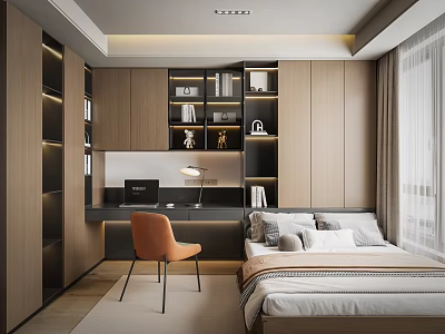 Modern Tatami Bedroom Interior With Wooden Desk Chair Bookshelves And Window Curtains 3d model