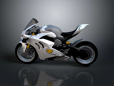 Sleek Modern White and Gray Motorcycle with Yellow Accents and Gray Background Reflection 3d model