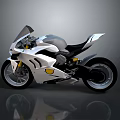 Sleek Modern White and Gray Motorcycle with Yellow Accents and Gray Background Reflection