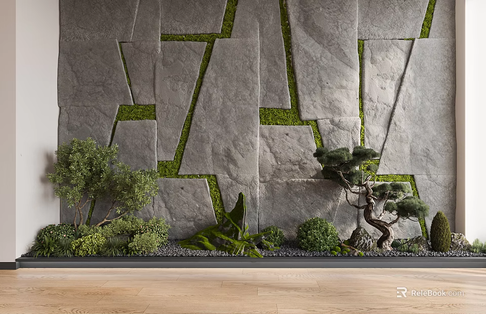 Indoor Landscape With Gray Stone Wall Green Moss Plants Bonsai Pine And Wooden Floor 3d model 