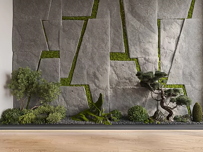 Indoor Landscape With Gray Stone Wall Green Moss Plants Bonsai Pine And Wooden Floor 3d model