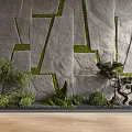 Indoor Landscape With Gray Stone Wall Green Moss Plants Bonsai Pine And Wooden Floor