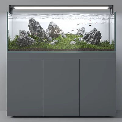 Modern Aquarium with Natural Rocks Green Grass Placed on Grey Cabinet 3d model