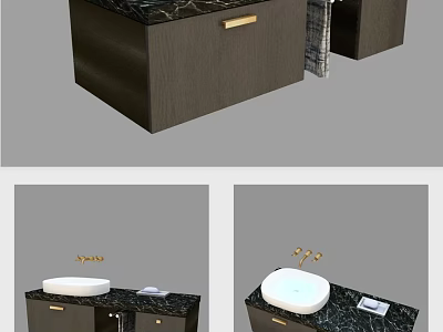Modern Bathroom Vanity With Dark Wood Cabinet Marble Countertop And Gold Faucet 3d model