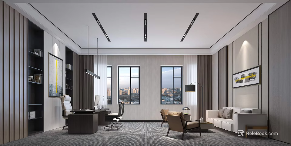 Modern Office Interior Design With Desk Sofa Chair Windows And Ceiling Light Strips 3d model
