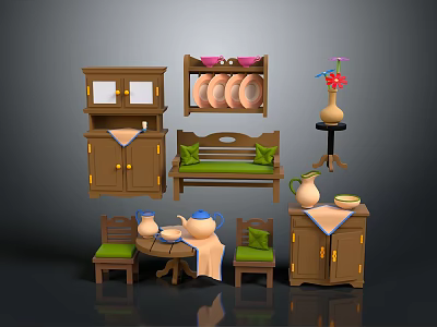 Wooden Home Furniture Collection With Green Cushioned Bench Table Chairs Vase Plates And Teapot 3d model