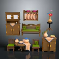 Wooden Home Furniture Collection With Green Cushioned Bench Table Chairs Vase Plates And Teapot
