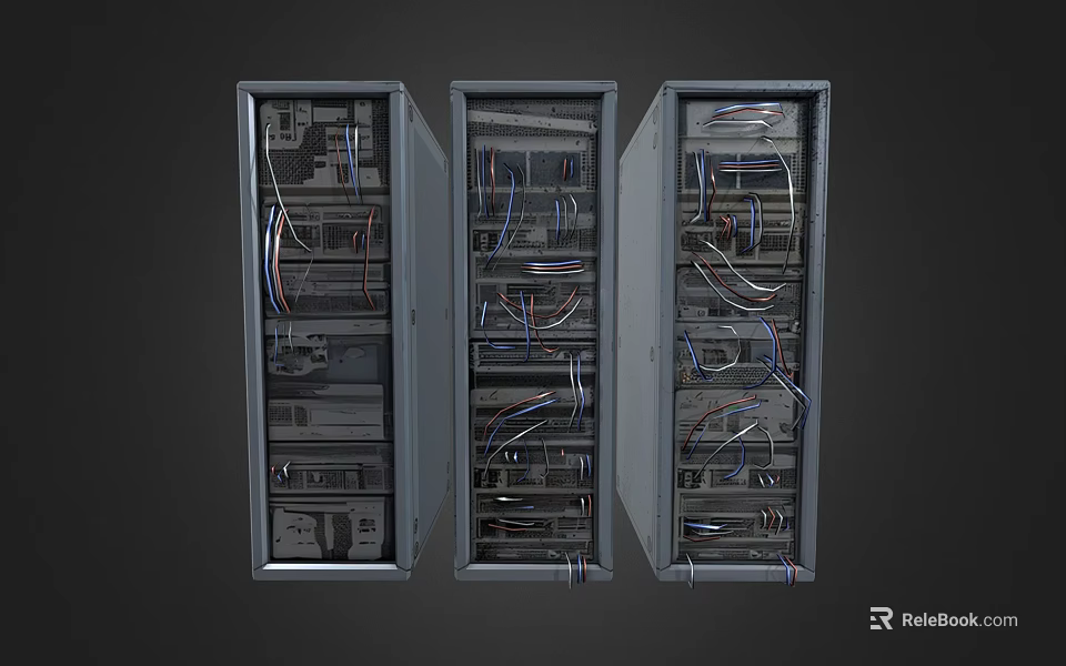 Three Server Racks With Network Equipment And Organized Cables Technical Setup 3d model 