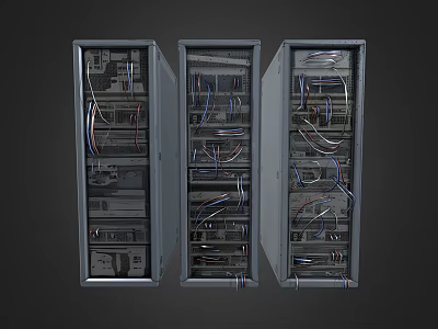 Three Server Racks With Network Equipment And Organized Cables Technical Setup 3d model