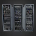Three Server Racks With Network Equipment And Organized Cables Technical Setup