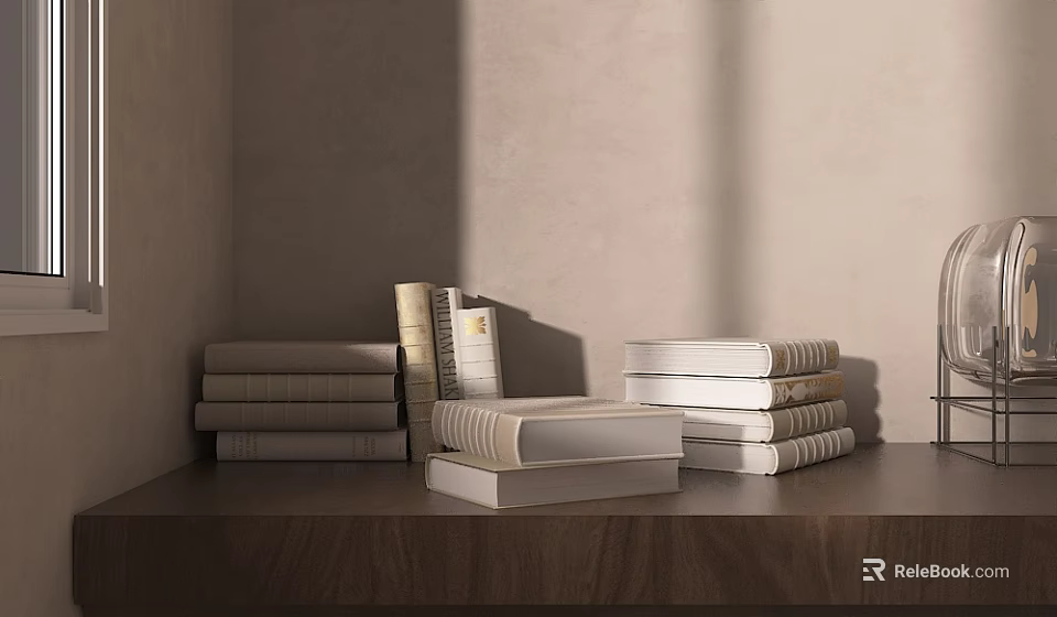 Stacked Books On Wooden Shelf With Different Colors Thickness Light Colored Wall And Shadow Effects 3d model 