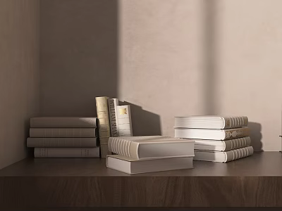 Stacked Books On Wooden Shelf With Different Colors Thickness Light Colored Wall And Shadow Effects 3d model
