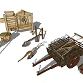 Traditional Wooden Household Items Featuring Storage Cabinets Barrels Carts And Farming Tools