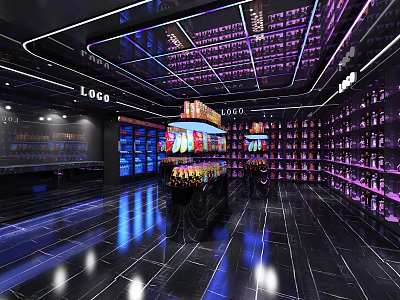 Modern Supermarket Department Store With Shelves Full of Products Purple Lighting and Refrigerators 3d model