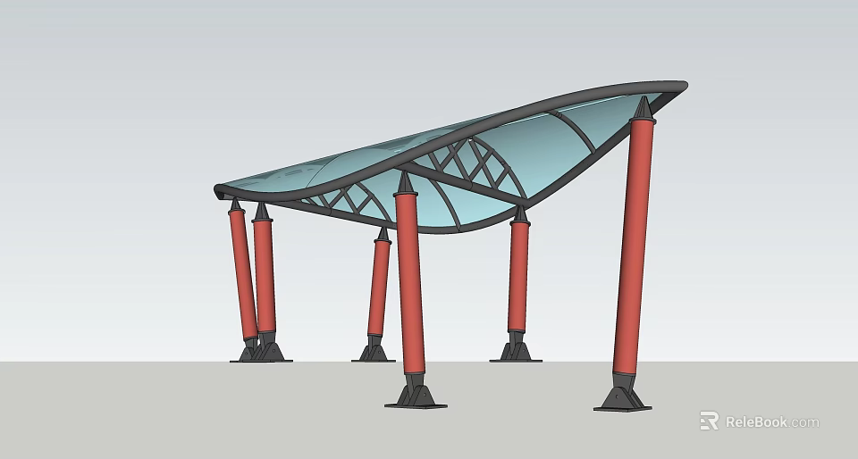 Curved Glass Roof Structure With Red Pillars And Support Design 3d model 