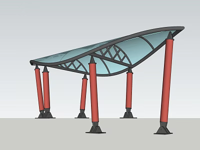 Curved Glass Roof Structure With Red Pillars And Support Design 3d model