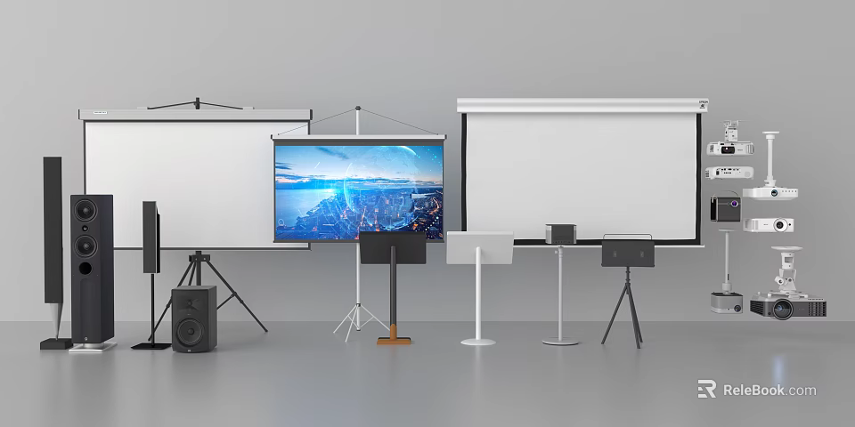 Projection Monitoring System Setup With Multiple Screens Stands And Professional Equipment 3d model 