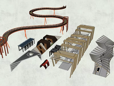 Different Pergola Design Models With Curved Straight Structures And Wooden Metal Frames 3d model