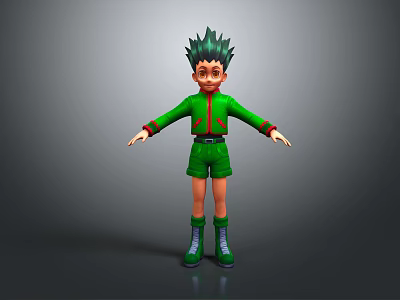 3D Character Model With Green Spiky Hair And Green Outfit Standing With Outstretched Hands 3d model